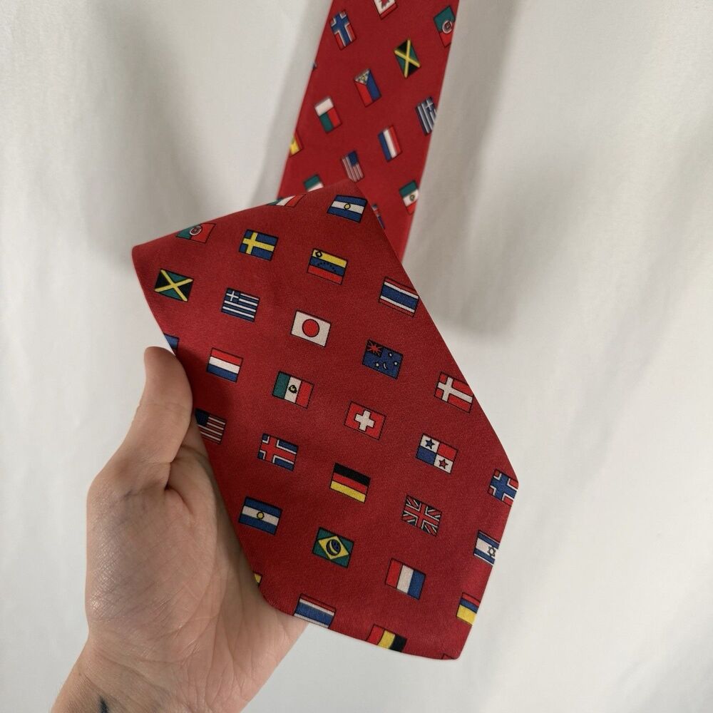 Fr Tripler World Flag Tie Men's 56" Red 100% Italian Silk 3.5" Wide USA Made